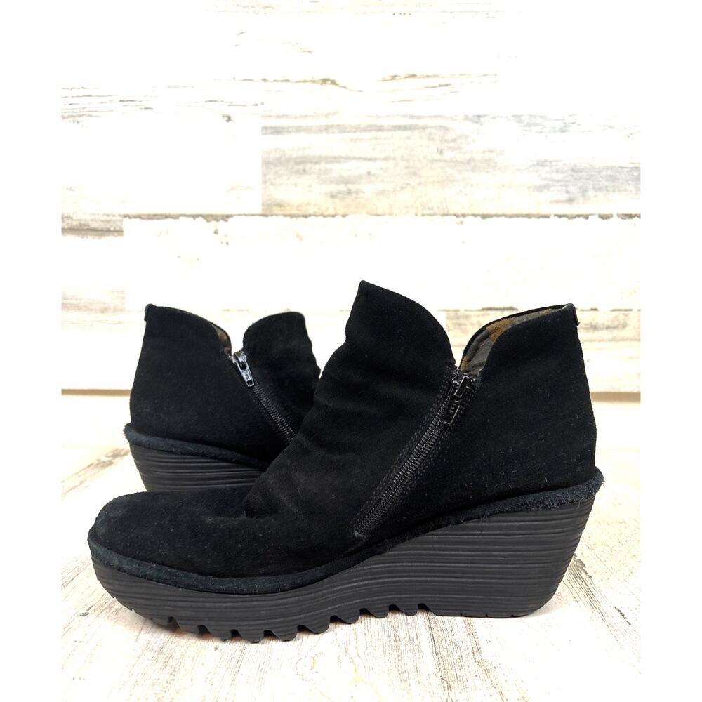 Fly London Womens 10 EU 42 Yip Black Suede Platform Wedge Booties Retro Chic